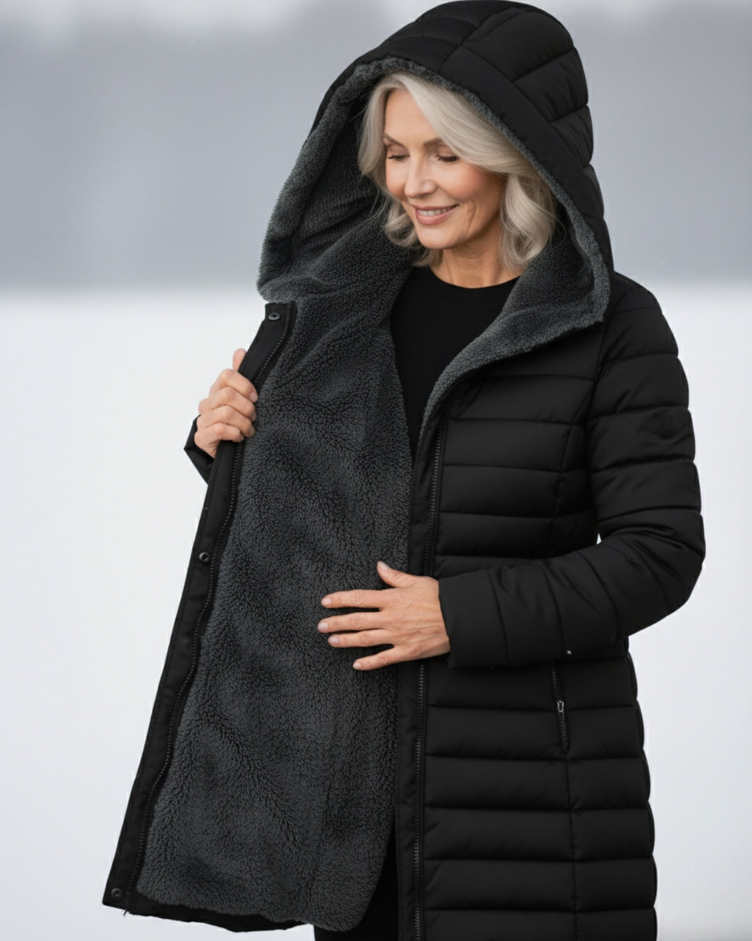 Woman wearing dark green fleece-lined A-line puffer coat