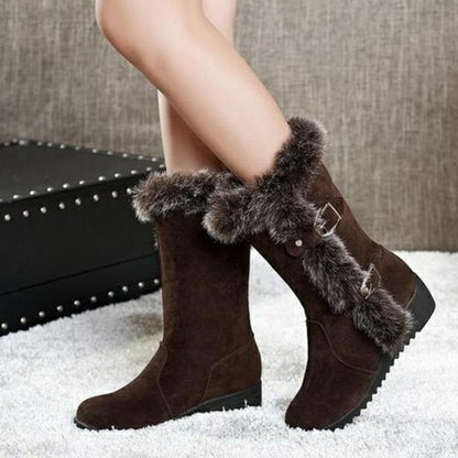 Women's light brown mid-calf slip-on snow boots