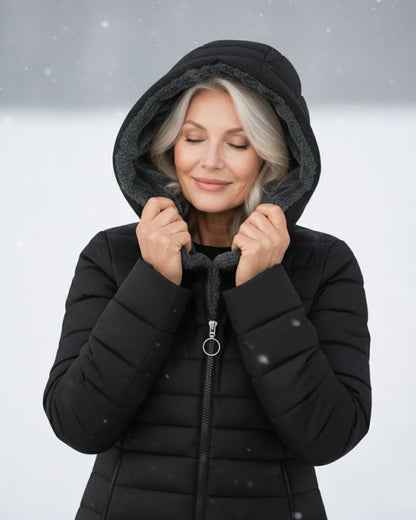 Woman wearing dark green fleece-lined A-line puffer coat