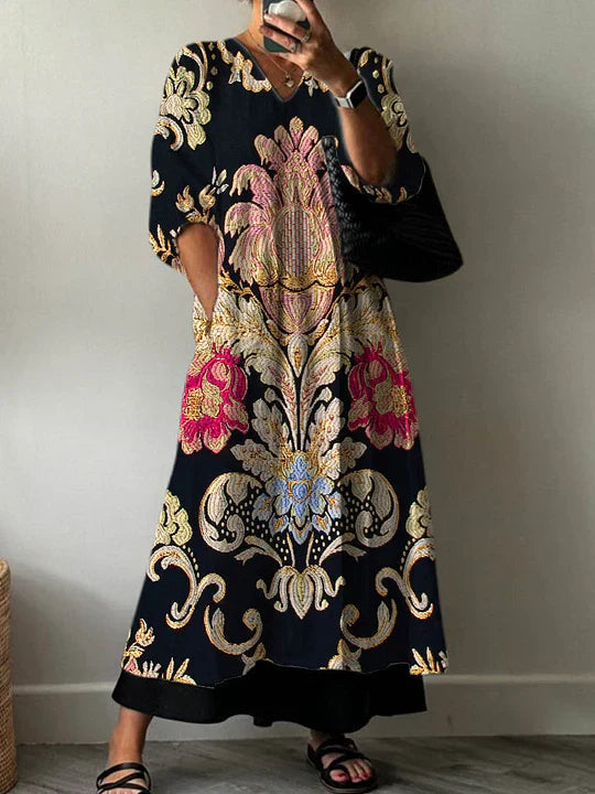 Woman wearing a flowy summer maxi dress outdoors