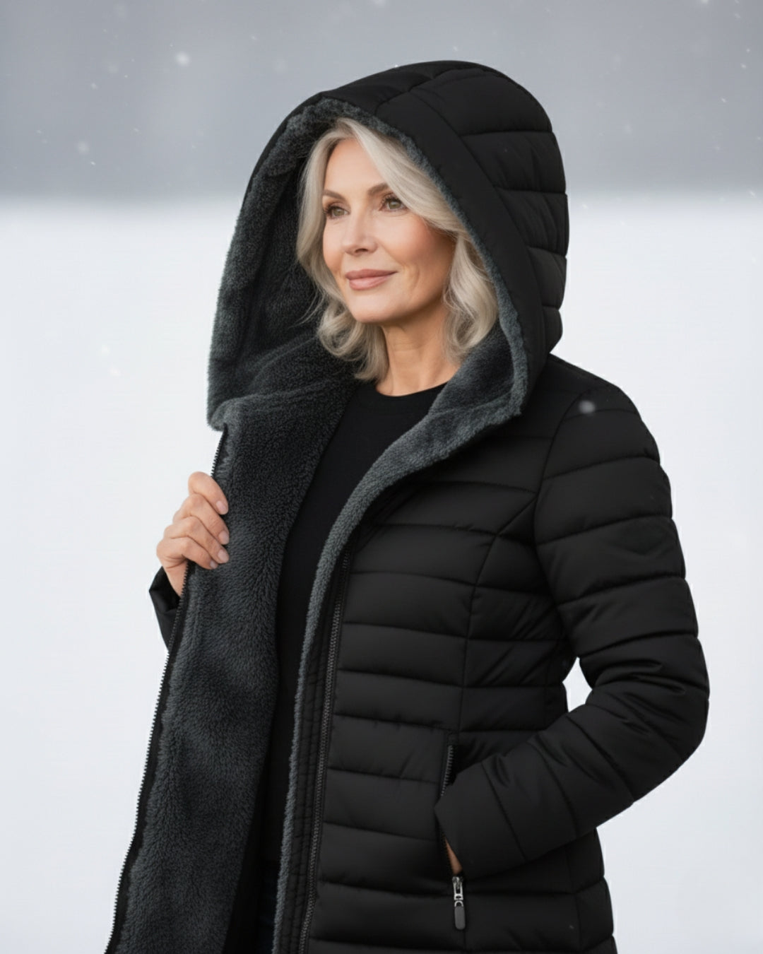 Woman wearing dark green fleece-lined A-line puffer coat