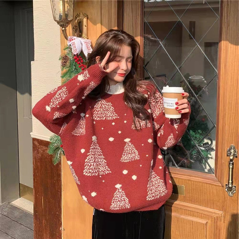 Women's Christmas tree jacquard sweater in wine red