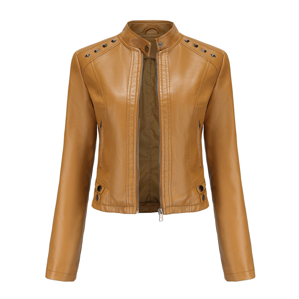 Women's studded faux leather short jacket with zip front