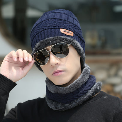Women's knit beanie and scarf set in winter colors