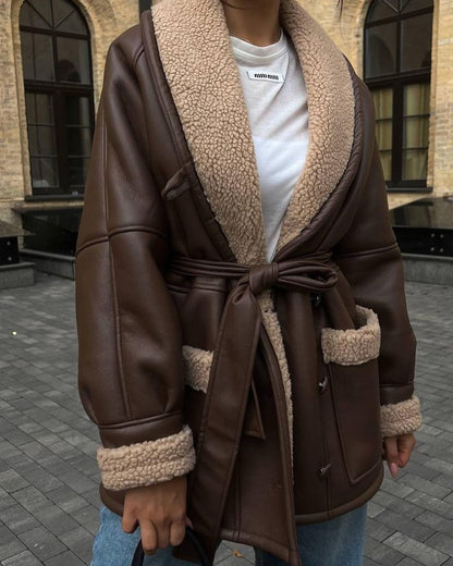 Women's loose faux leather long sleeve coat with pockets