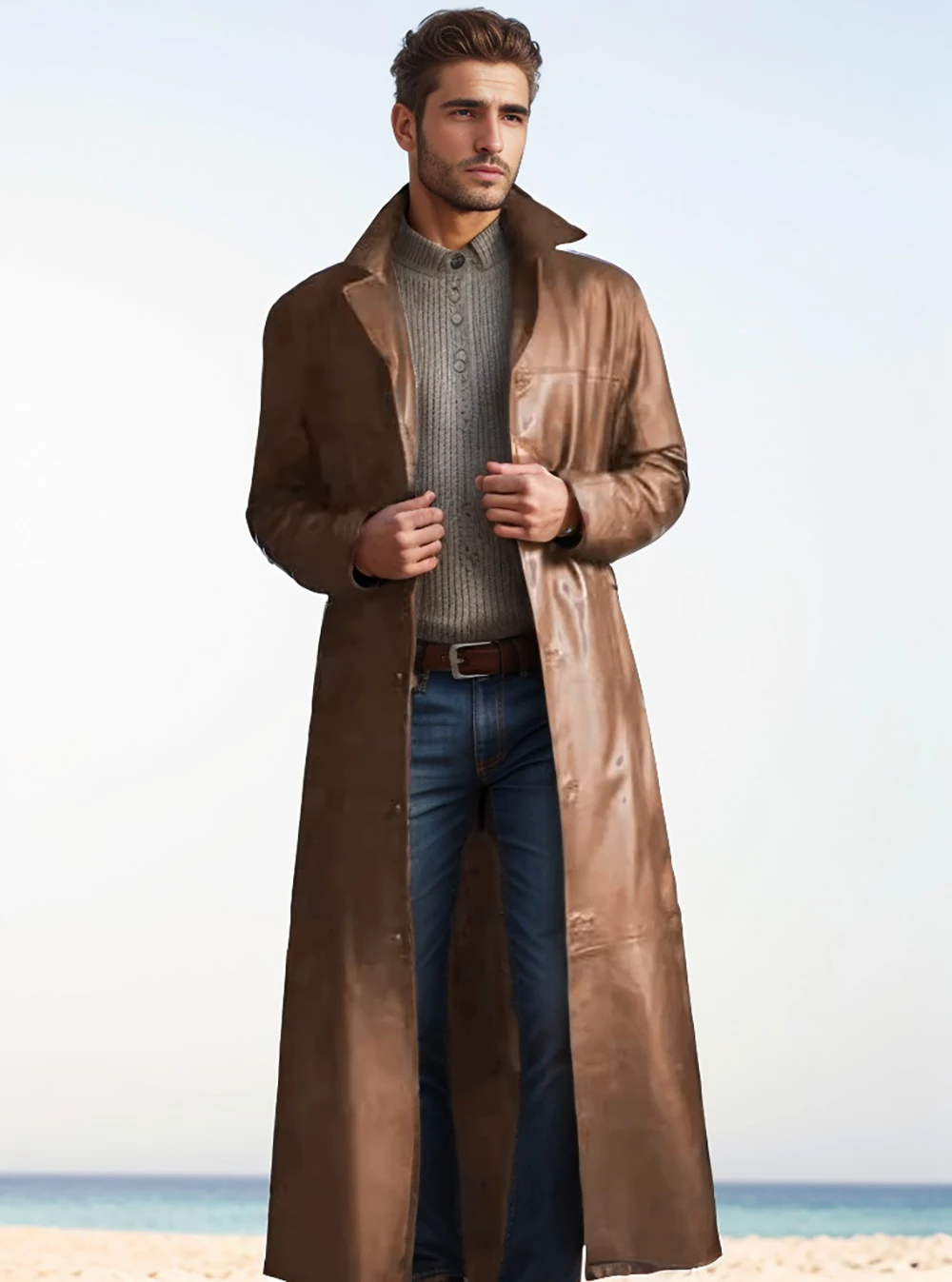 Long leather coat for men with notch lapel - olive