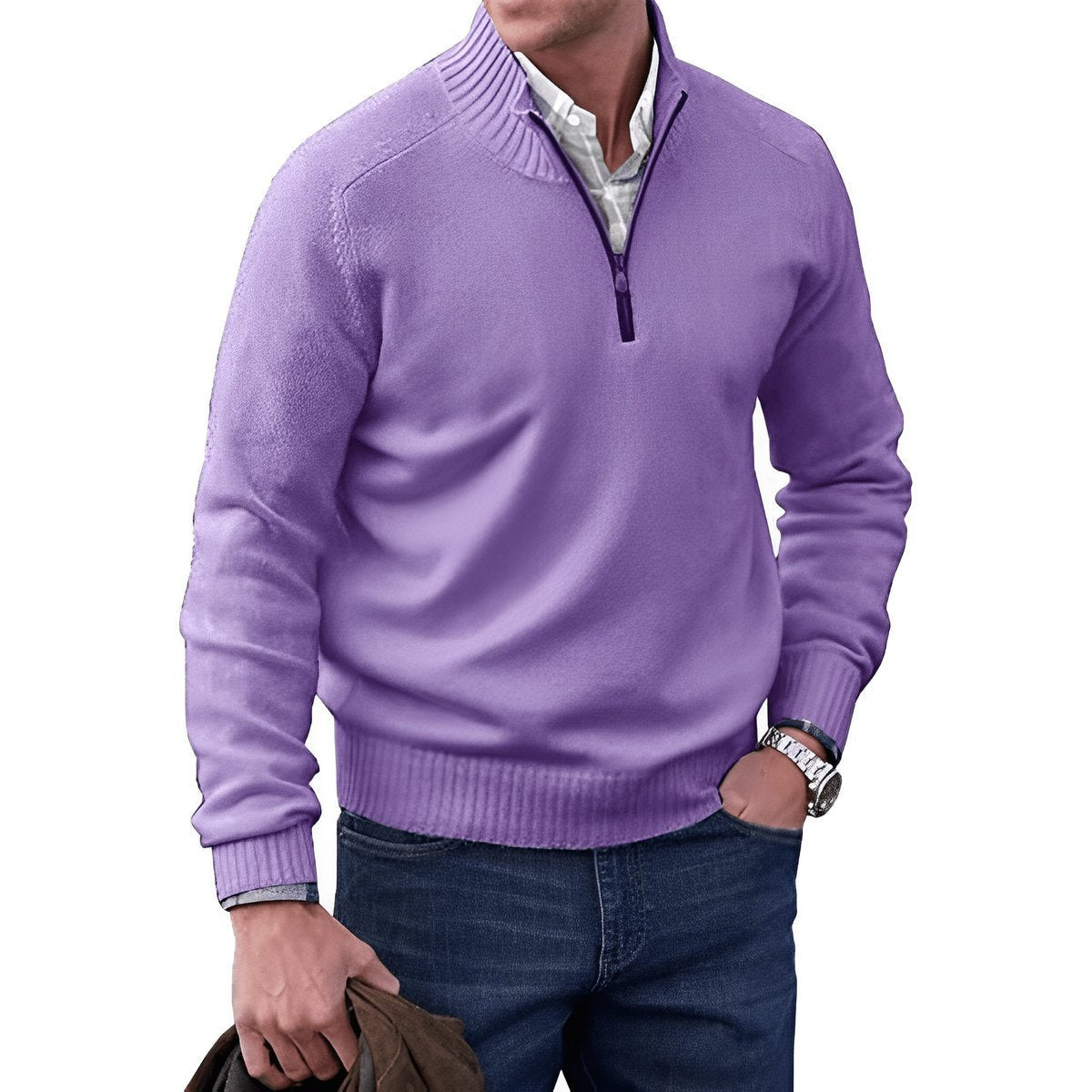 Quarter-zip knitted sweater for men - purple