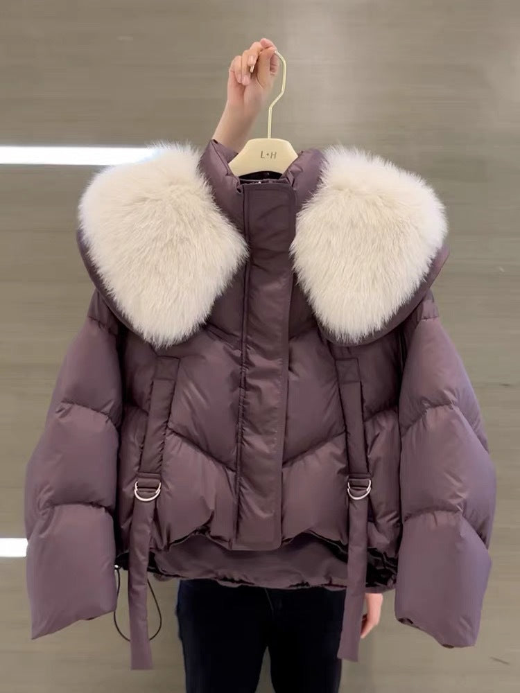 Women's padded winter coat with fur collar in black