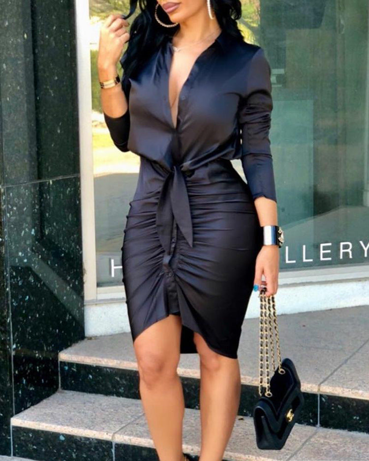 Women's lace-up long sleeve midi shirt dress