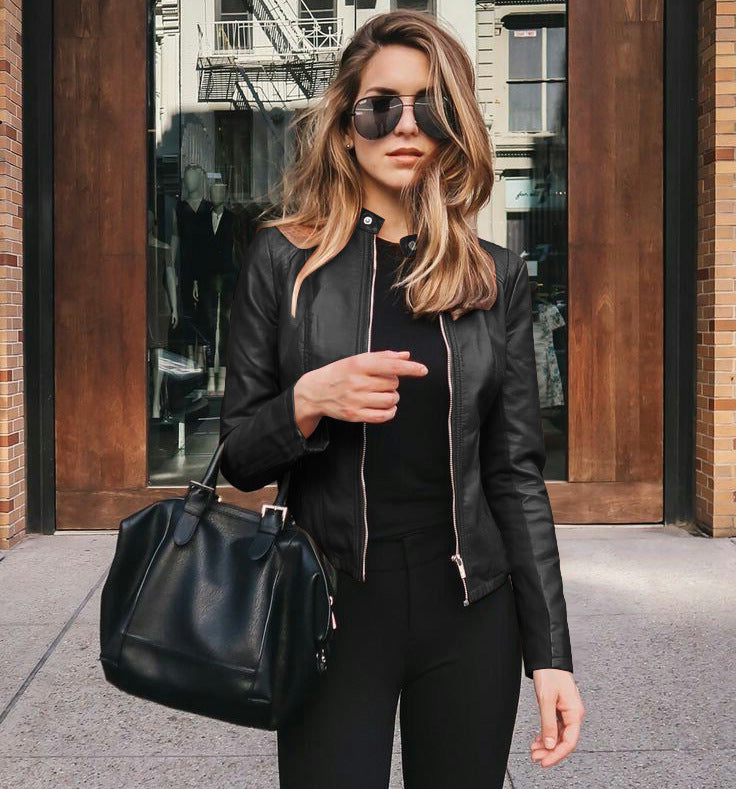 Women's faux leather suit-style jacket on model