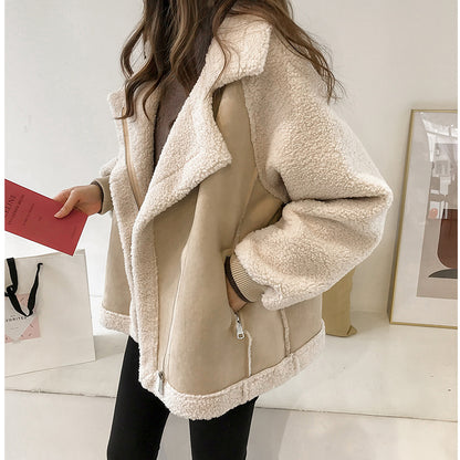 Women's short suede motorcycle jacket in khaki
