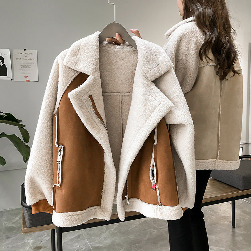 Women's short suede motorcycle jacket in khaki