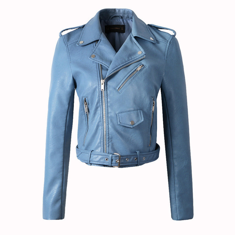 Woman wearing blue faux leather motorcycle jacket