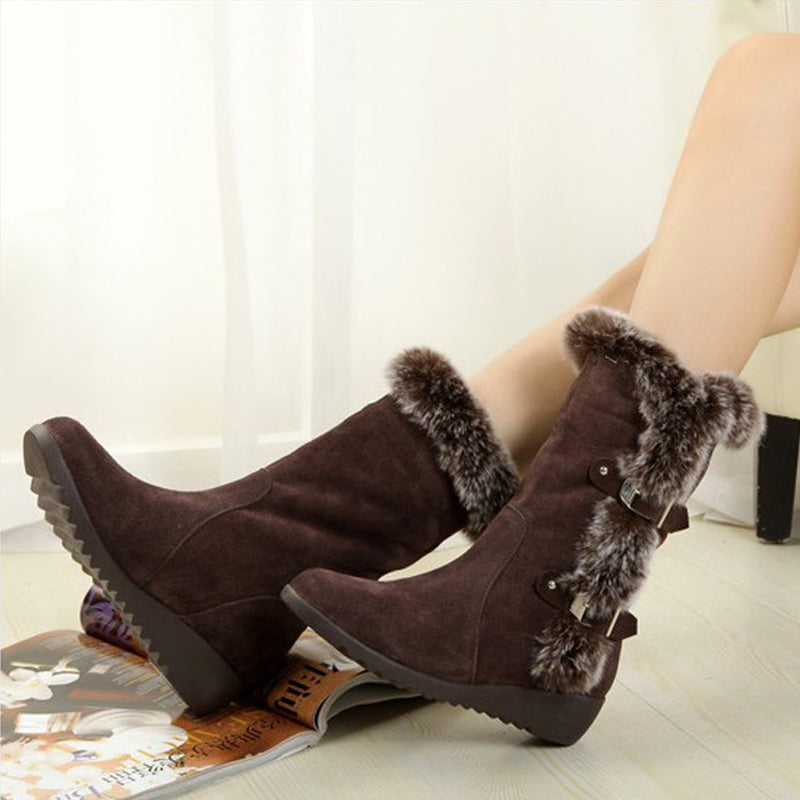 Women's light brown mid-calf slip-on snow boots