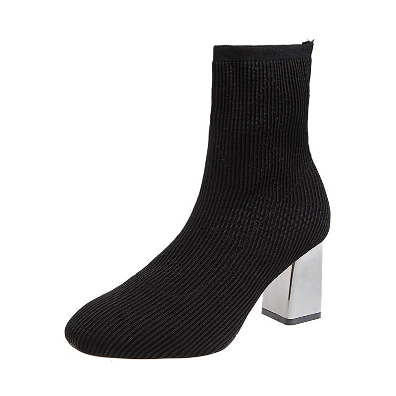 Women's slip-on ankle boots with thick heel and mesh detail