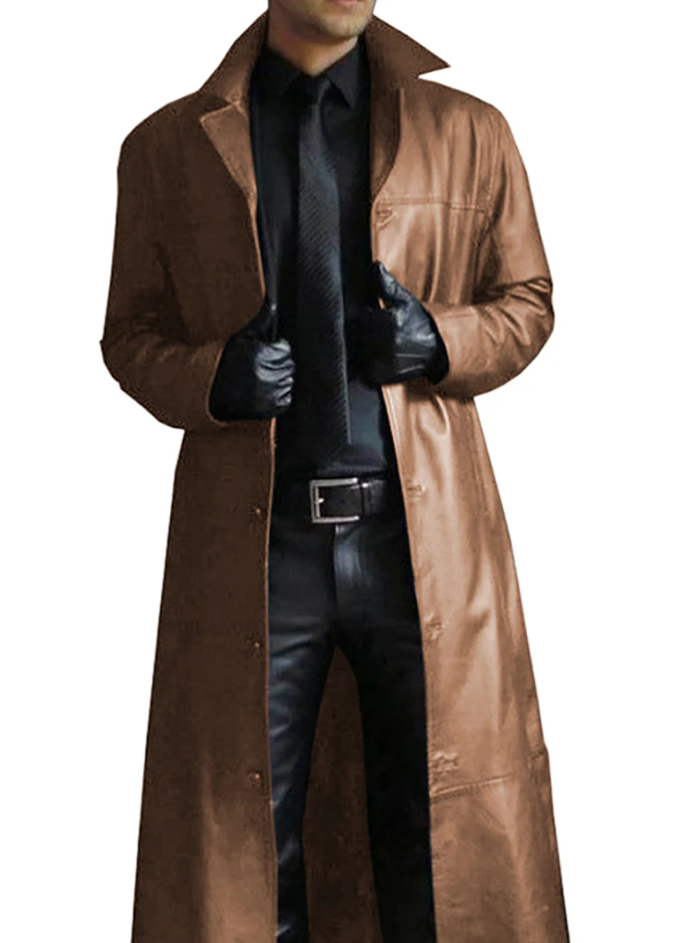 Long leather coat for men with notch lapel