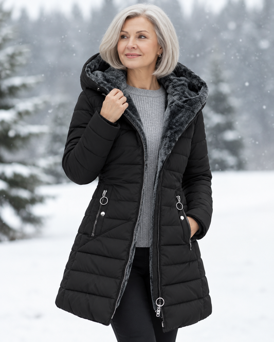 Woman wearing quilted winter coat with hood outdoors