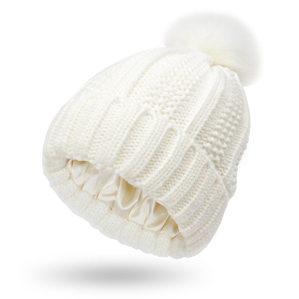Women's knit beanie with faux fur pom pom