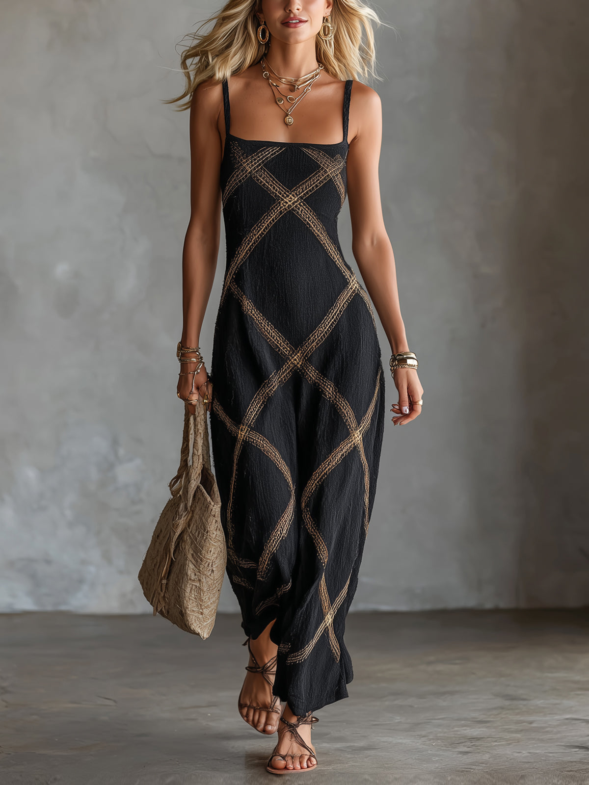 Woman wearing relaxed boho dress with geometric print