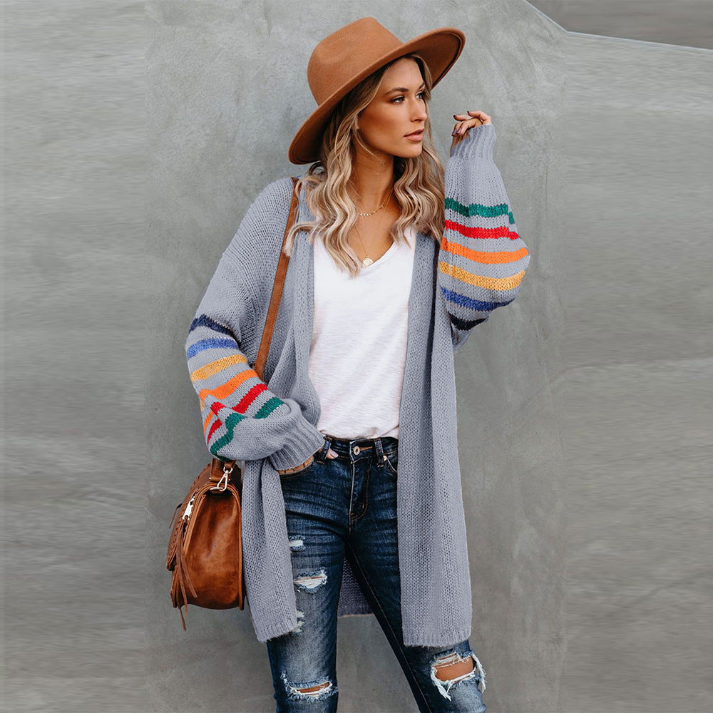 Women's cardigan sweater in white, pink and gray