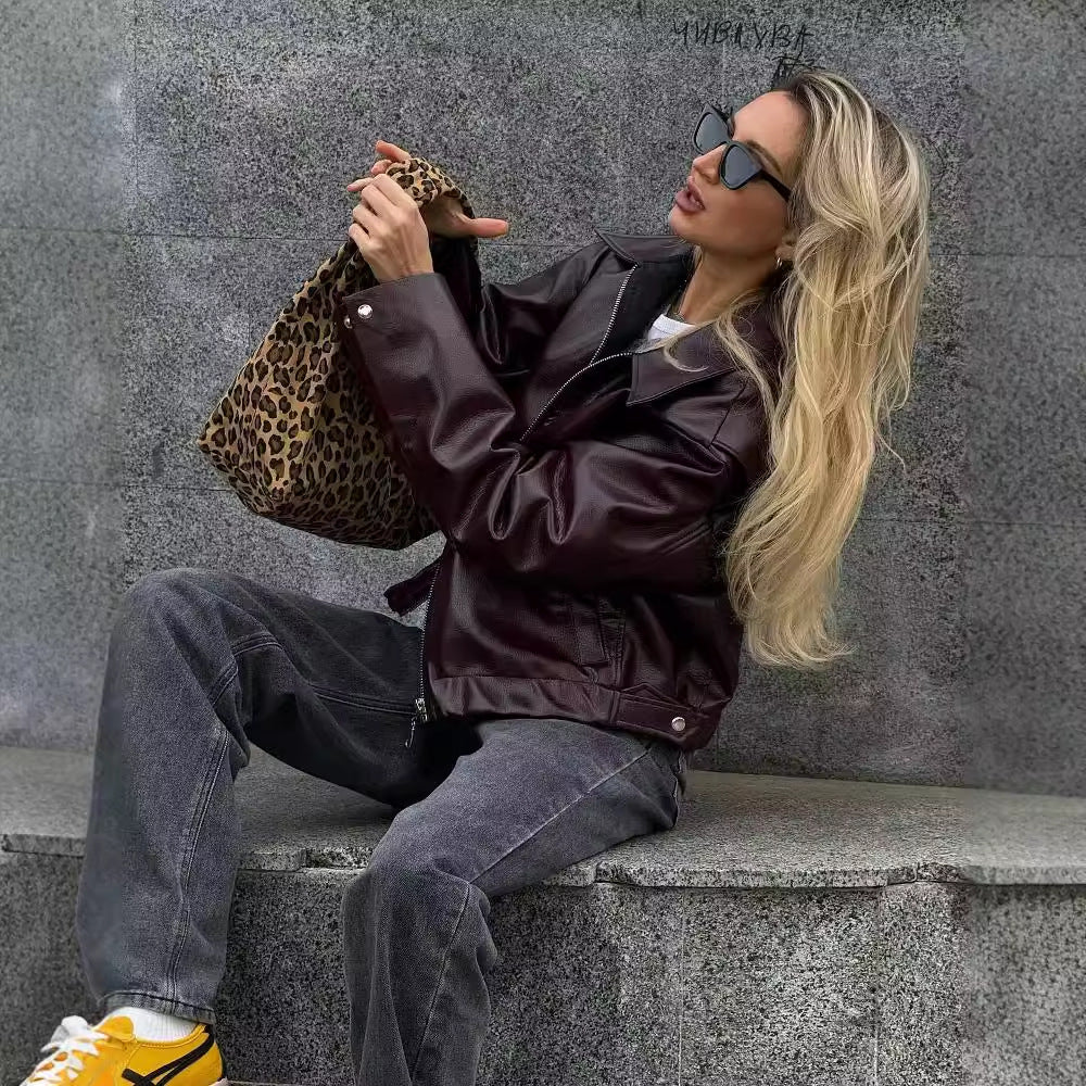Women's burgundy faux leather zip jacket with lapel collar