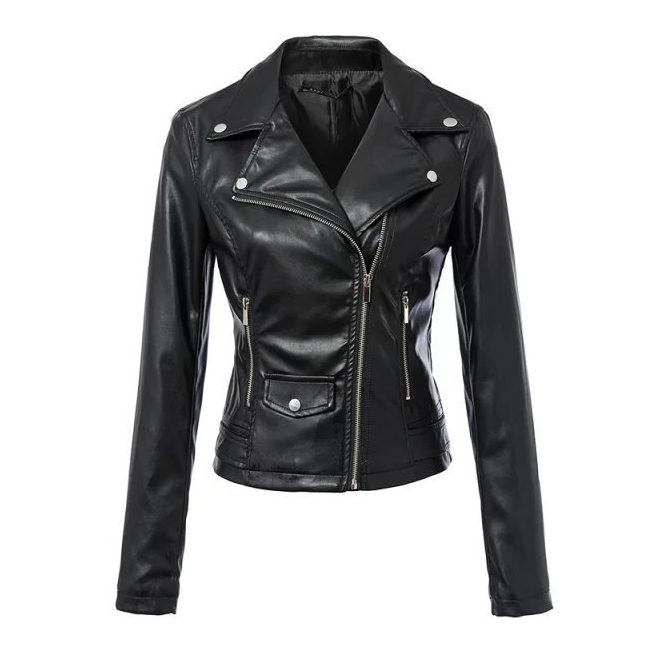 Black women's motorcycle jacket with biker-inspired silhouette