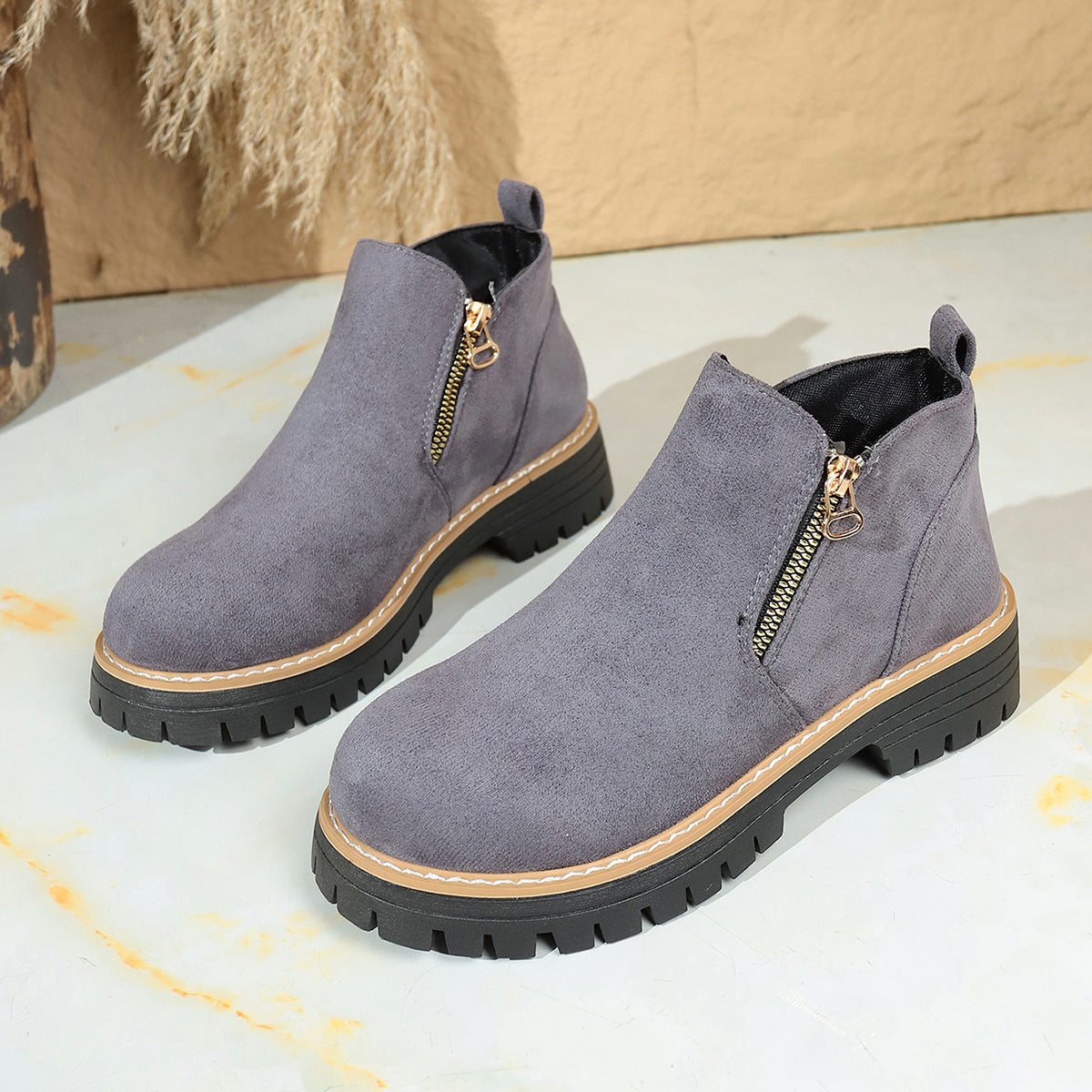 Women's chunky heel suede ankle boots with side zipper