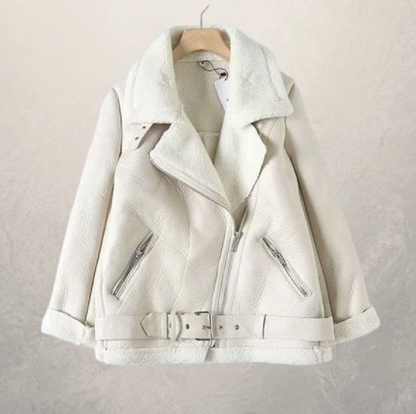 Women's motorcycle jacket with polo collar, front view