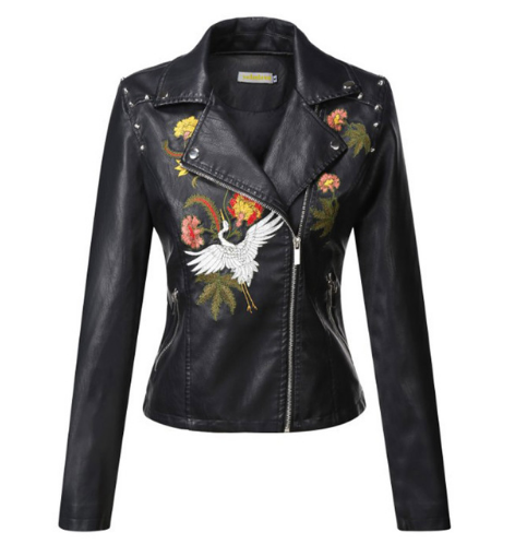 Black women's motorcycle jacket with biker-inspired silhouette