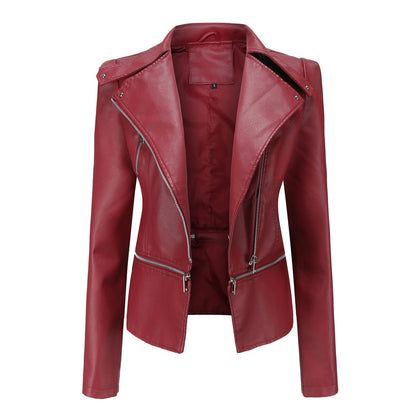 Woman wearing slim fit motorcycle faux leather jacket