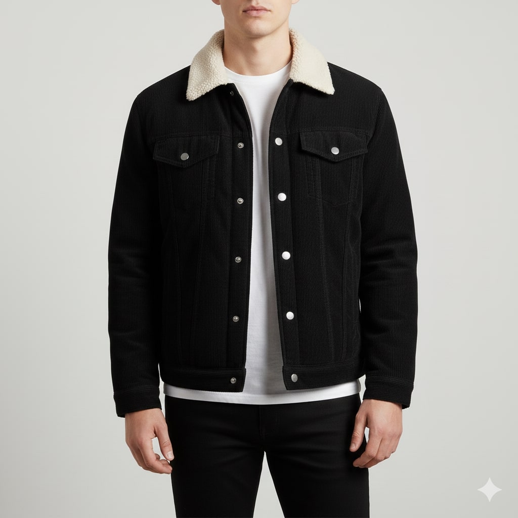 Men's corduroy jacket with fleece lining - black