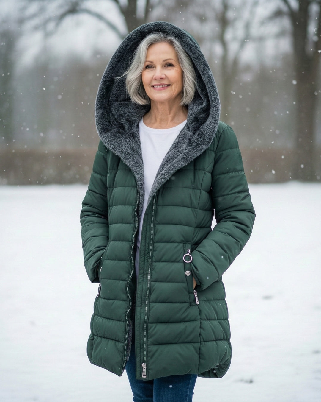 Woman wearing dark green fleece-lined A-line puffer coat