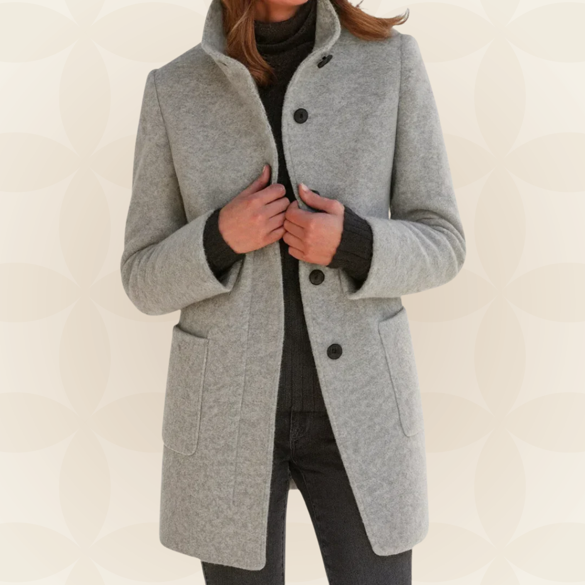 Woman wearing a straight coat with high collar and buttons