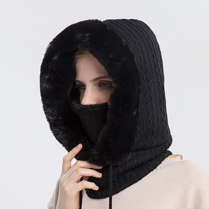 Women's hooded winter knit hat with scarf