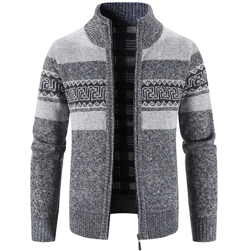 Men's patterned knit cardigan with stand collar and zip - dark grey