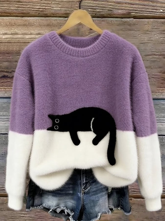 Woman wearing cat design knit sweater with long sleeves
