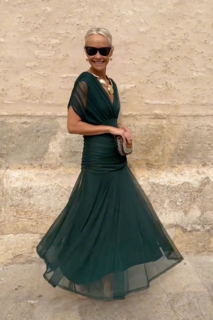 Floral V-neck maxi dress with pleated waist, front view