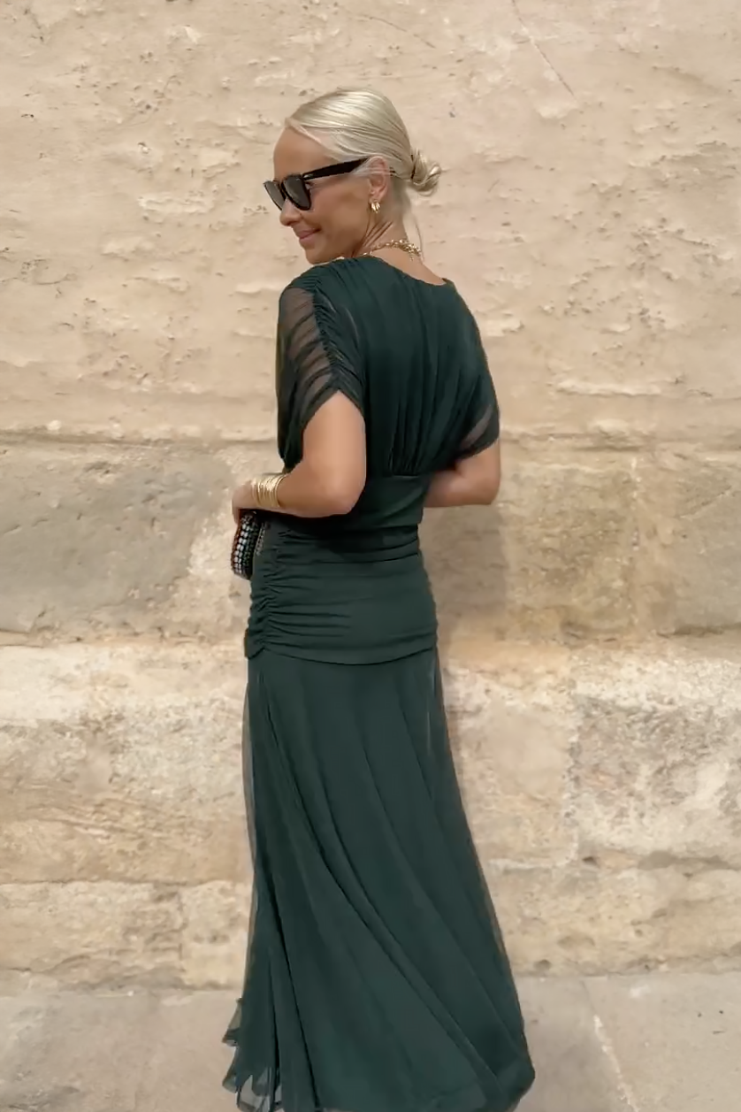 Floral V-neck maxi dress with pleated waist, front view