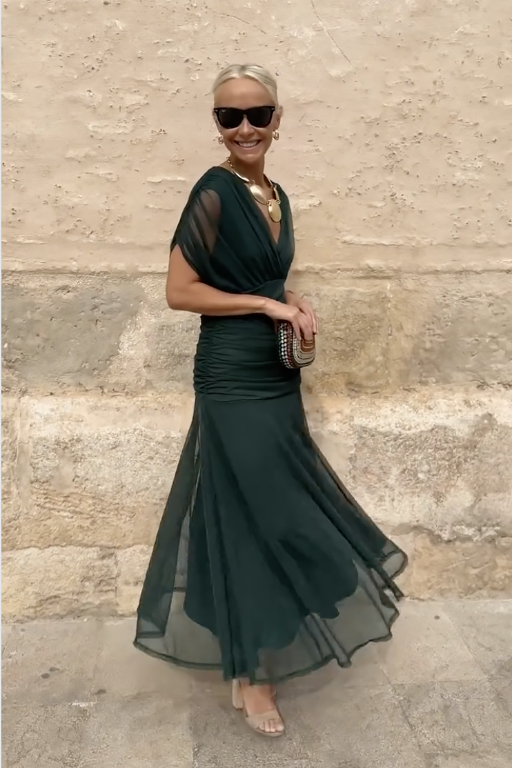 Floral V-neck maxi dress with pleated waist, front view