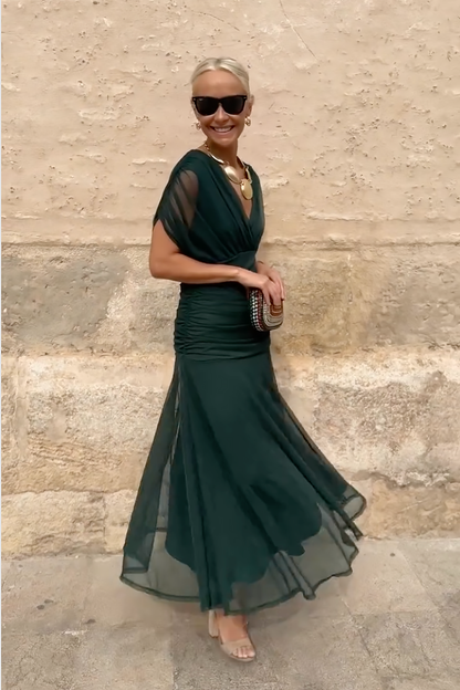 Floral V-neck maxi dress with pleated waist, front view
