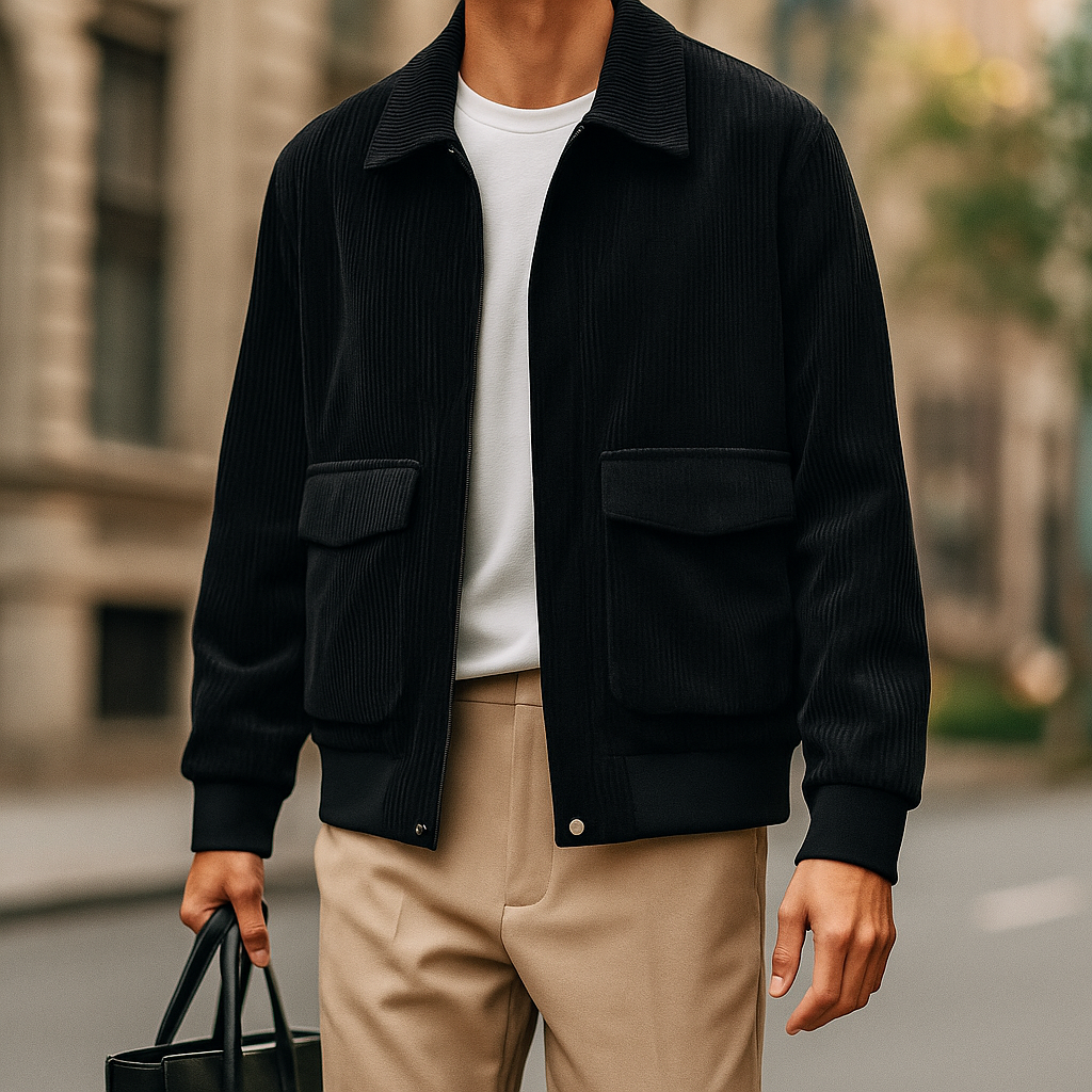 Men's tailored corduroy zip up jacket - black