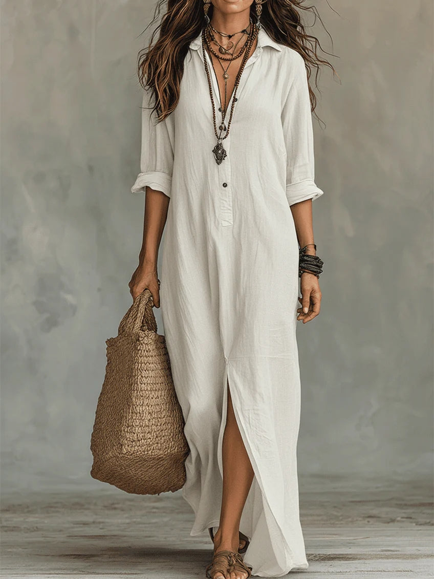 Maxi dress for women with V-neck and button front - white