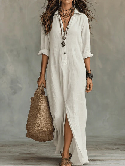 Maxi dress for women with V-neck and button front - white