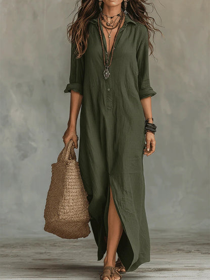 Maxi dress for women with V-neck and button front - green