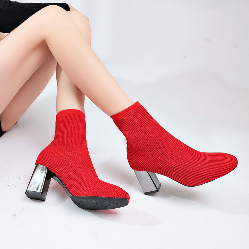 Women's slip-on ankle boots with thick heel and mesh detail