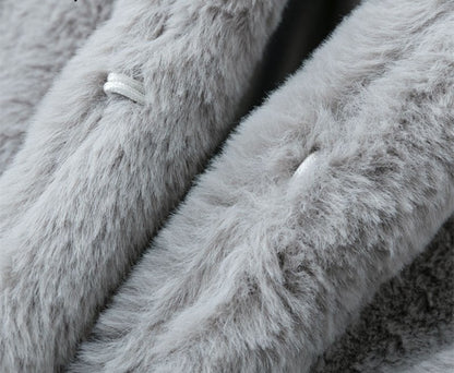Woman wearing long faux fur coat streetwear