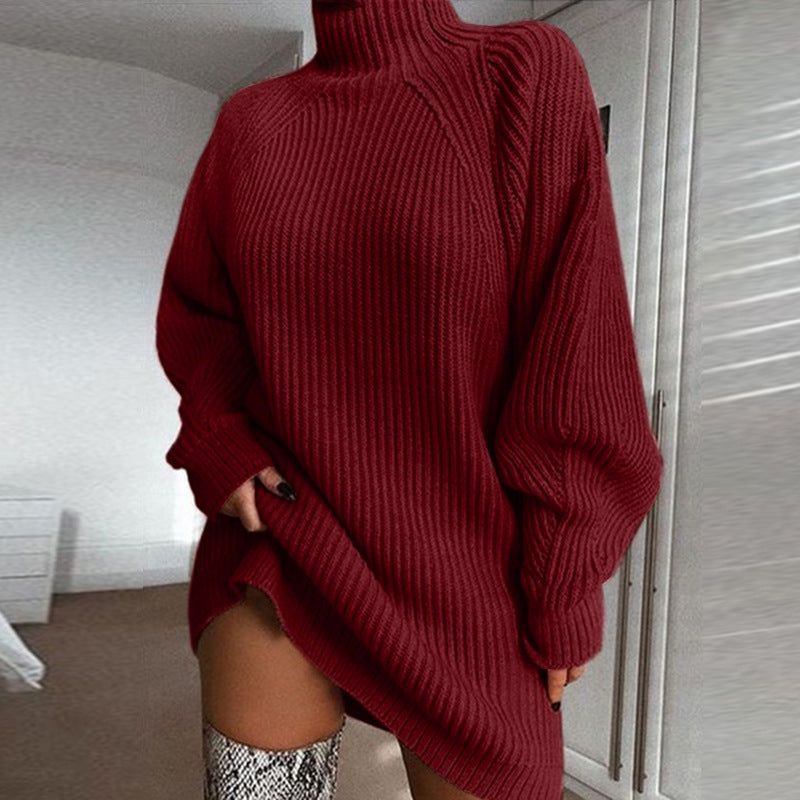 Women's solid turtleneck long sleeve sweater dress