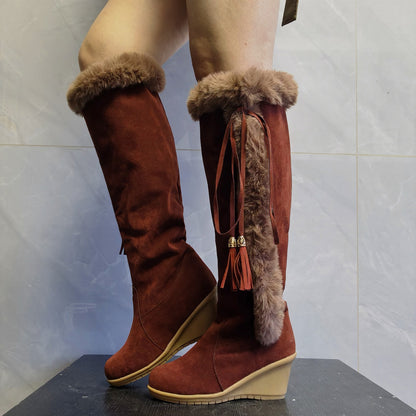 Women's black winter wedge knight boots with ribbon detail
