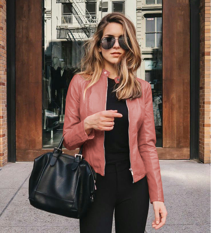 Women's faux leather suit-style jacket on model