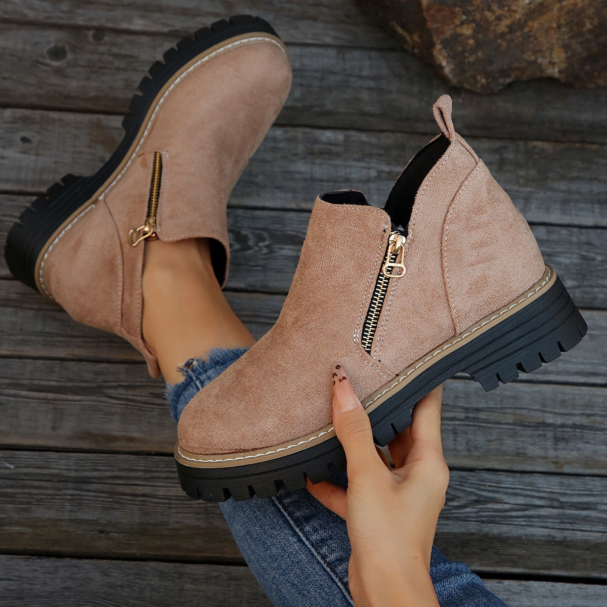 Women's chunky heel suede ankle boots with side zipper